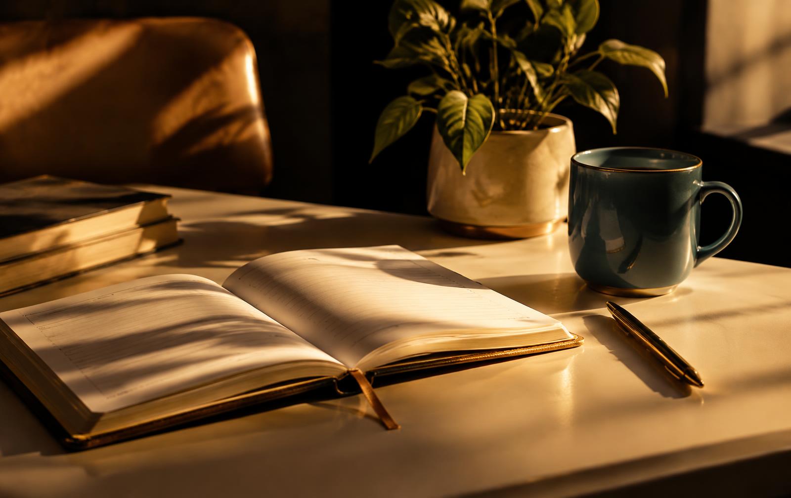 Planner, teal mug and gold pen on a sunlit desk